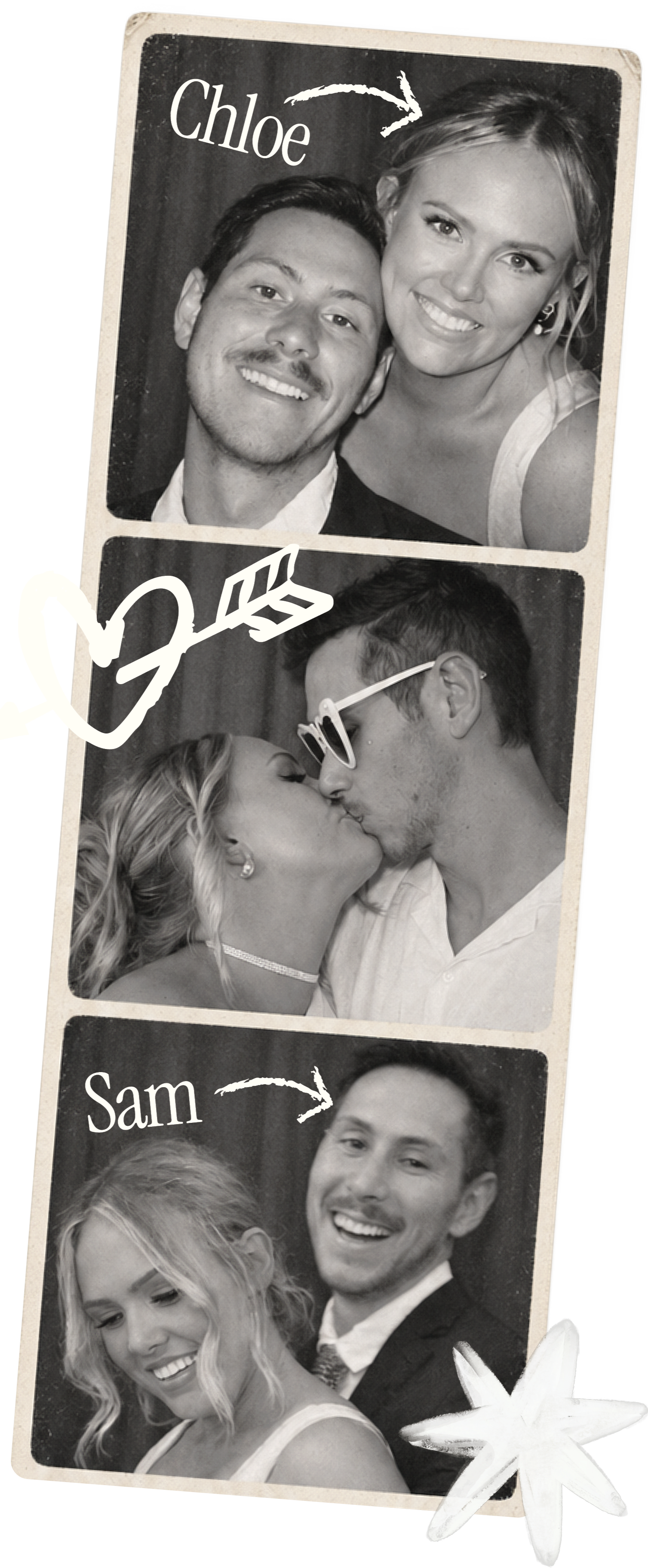 A photo-booth strip of three black and white frames of Chloe and Sam, annotated by hand with their names, a heart and a star